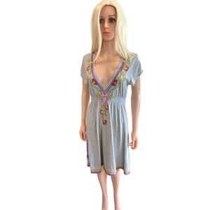 Johnny Was LA Gray Embroidered V-Neck Dress W's Medium Hearts Cotton